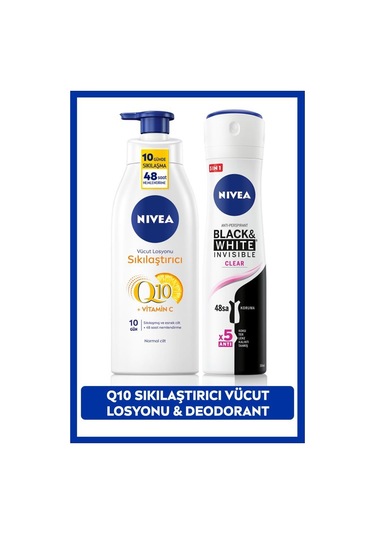 Nivea Q10 Normal Ciltler için Sıkılaştırıcı Vücut Losyonu 400 ML + Black & White Clear Kadın Sprey Deodorant 150 ML