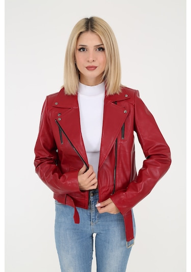 DERİNSS DKA99020 Hakiki Deri Kadın Kırmızı Mont
