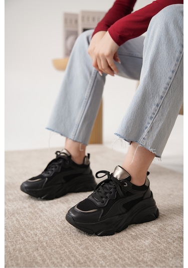 D383 Günlük Ortopedik Kadın Sneaker Spor Ayakkabı Siyah