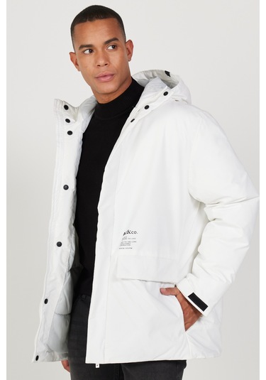 Ac&Co / Altınyıldız Classics Erkek Beyaz Kapüşonlu Dik Yaka Standart Fit Kaban Beyaz