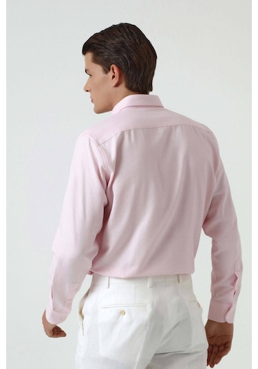 D'S Damat Ds Damat Slim Fit Pembe Armürlü Düğmeli Yaka Pamuklu Gömlek 5HC02ORT07265 Pembe