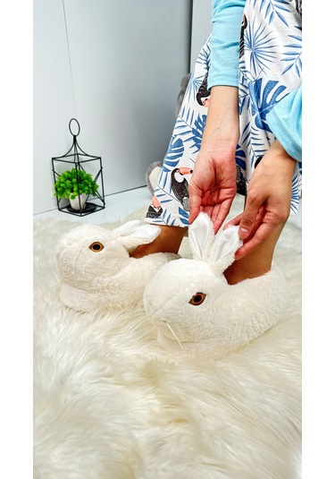 Kadın Panduf Tavşan Figürlü Peluş Ev Botu Desenli Düz Taban Rahat Hafif 359 Ekru