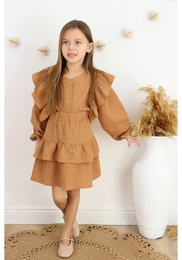 Bayramlık Detay 2 Li Etekli Takım Kahverengi