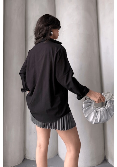 Paw Garage Kadın Harper Çift Cepli Oversize Keten Gömlek, 2025 Summer Collection Siyah