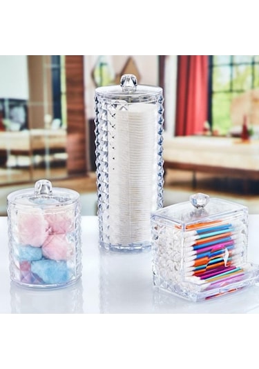 Flosoft Diamond 3 Lü Pamuk Organizer, Disk Pamukluk Makyaj Pamukluğu Kulak Çubukluğu 3 Lü Set Şeffaf