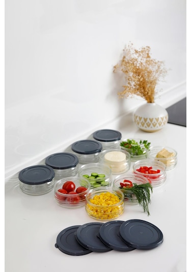 12'li Premium Kahvaltılık Seti 410 Cc Gri Plastik Kapaklı Cam Saklama Kabı, Hava Geçirmez Gri