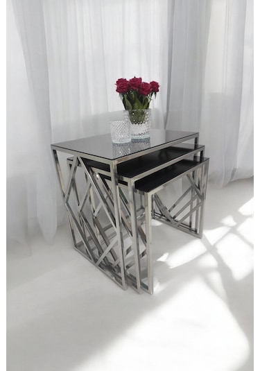 Venice Gümüş Metal Ayaklı Füme Aynalı Zigon Sehpa