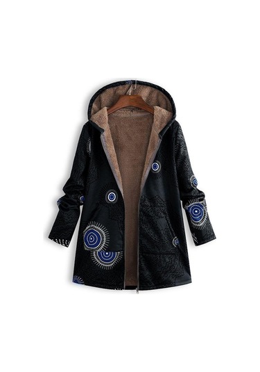 Yeni Kadın Yaprak Baskılı Kapşonlu Uzun Kollu Retro Ceket Sıcak Siyah