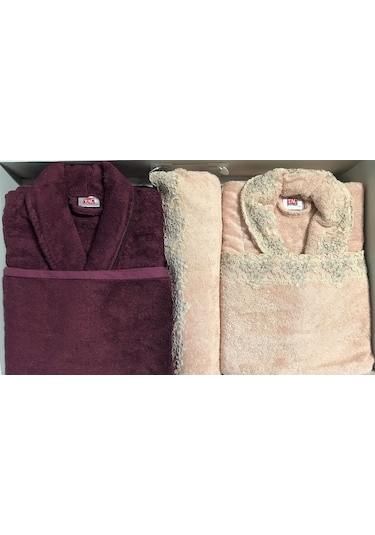 Taç Linn Somon Bordo Elegance Bambu Aile Bornoz Seti Bamboo