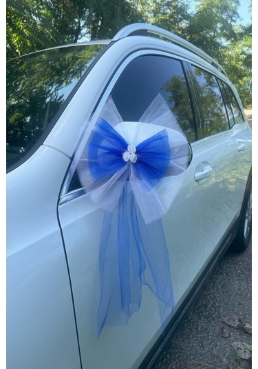 10 Adet Beyaz Mavi Kristal Tül Beyaz Latex Gül Kuyruk Detaylı Düğün Nikah Kına Sünnet Konvoy Süsü Beyaz Mavi