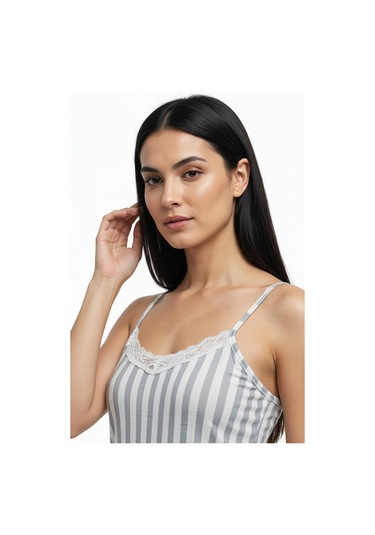 Kadın Rahat Ev & Uyku Pijama Takımı Gri Çizgili Desen Gri