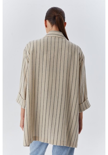 4550 Kadın Yanları Yırtmaçlı Keten Uzun Ceket Naturel Naturel