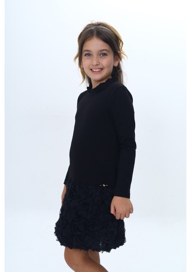 Toontoy Kız Çocuk Yaka Fırfır Etek 3d Güllü Elbise Siyah