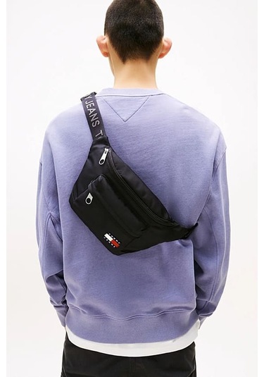 Erkek Yazı Şeritli Bum Bag Askılı Bel Çantası - Siyah Triple Black