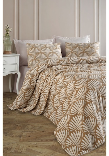 Baskılı Pike Takımı Çift Kişilik Yelpaze Kahve Kahve Kahverengi