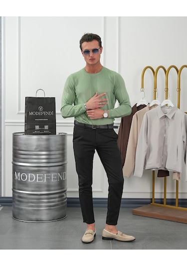 Modefendi Pamuk Yapılı Desenli Slimfit Triko Yeşil