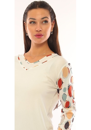 Sistas Kadın V Yaka Desenli Uzun Kol Bluz 3312 Ekru