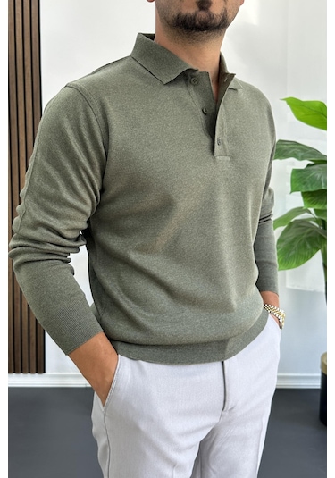 Erkek Düğmeli Polo Yaka Kazak Yeşil Edw231 Yeşil