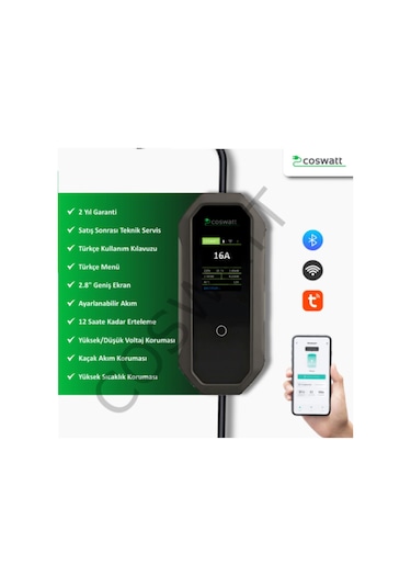 Coswatt Taşınabilir Şarj Cihazı 3.5 Kw / 16a / Tip-2 / Ev Tipi Schuko Fiş / 5m Kablolu / 220v Ac + Taşıma Çantası