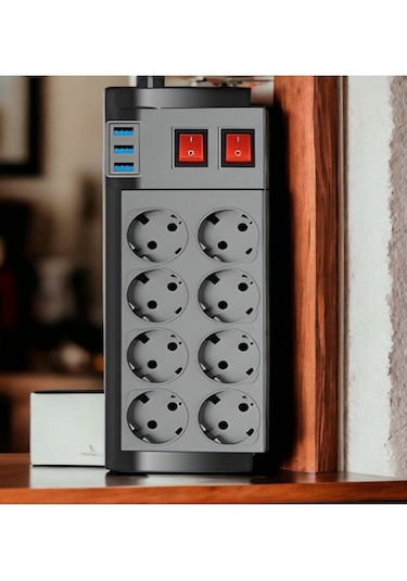 Ftr-08 4000w 16a Akım Korumalı 2 Anahtarlı 8'li Priz, 3 Usb Portl