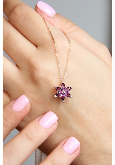 925 Ayar Gümüş Mor Lotus Çiçeği Kolye - N165701 Rose Gold