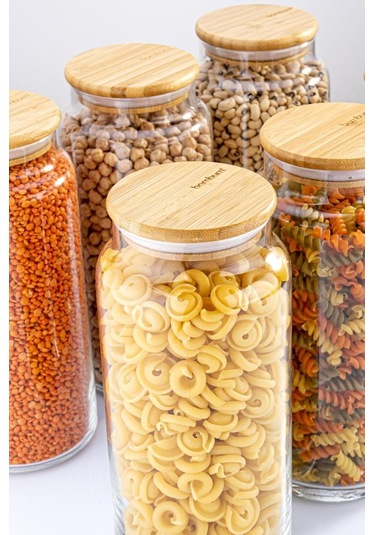 Zone - 6'lı Cam Saklama Kabı 1300ml Vakumlu Bambu Kapaklı Kahverengi