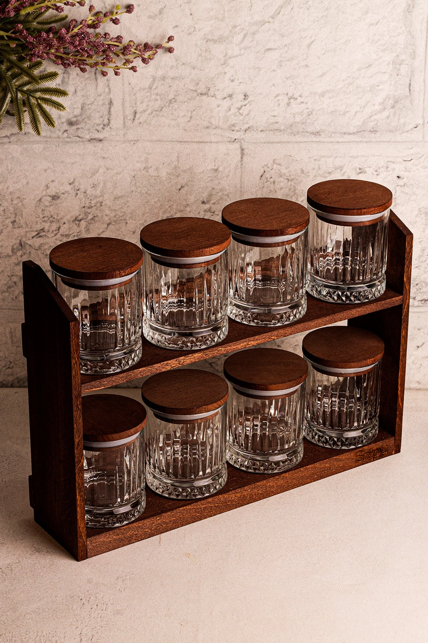 Mira Küçük - Standlı 8'li Vakumlu Ahşap Kapaklı Cam Baharatlık Takımı Saklama Kabı Seti 210 Ml Ahşap