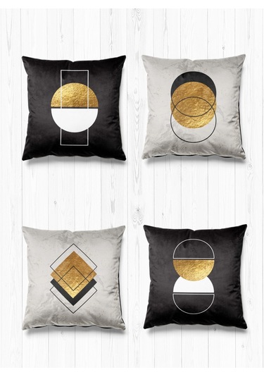 Çift Tarafı Farklı Desenli Süet 4'lü Kırlent Kılıfı-Altın Geometrik Şekiller