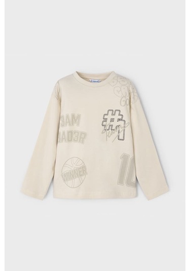 Erkek Çocuk Basketbol Temalı Grafik Baskılı Uzun Kollu T-shirt - Bej SIYAH