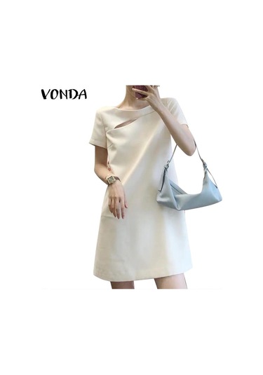 Beyaz Vonda Bayan Yaz Yuvarlak Yaka Kısa Kollu Yırtmaçlı İnci Düğme Düz Tek Renk Kısa Elbiseler