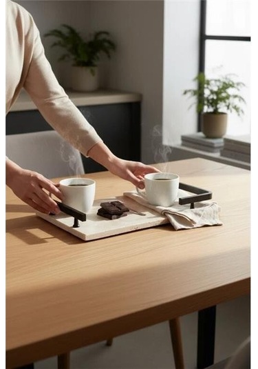 Akayev Traverten Siyah L Dizayn 30x20 Cm Tepsi Beyaz