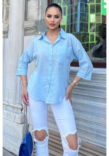 Kadın Mavi Truvakar Kol, Oval Kesim, Terletmez, Flamlı Keten Salaş Gömlek Mavi