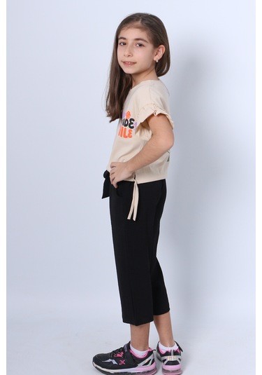 Kız Çocuk İkili Takım Sırt Baskılı Püsküllü Kolları Fıfırlı F20 Bej