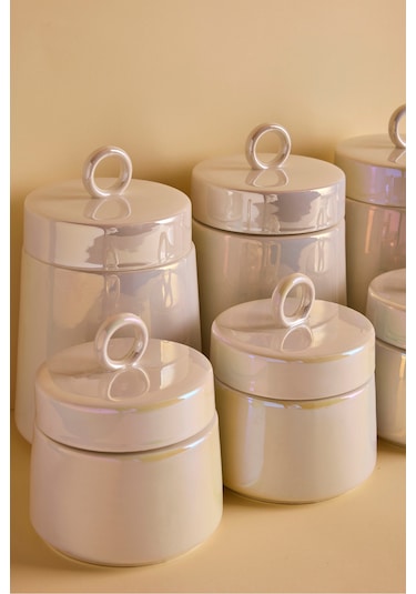 Luca Luster 7'li Ergonomik Porselen Baharatlık Seti Yuvarlak Kulplu Kapaklı Set Beyaz Beyaz