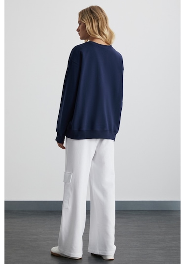 Karıus  Kadın Organik Pamuklu Içi Polarlı Oversize Yuvarlak Yakalı Lacivert Sweatshirt