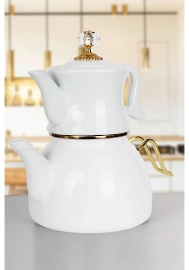 Nishev Dufy Serisi Porselen Demlikli Emaye Çaydanlık Takımı - Beyaz