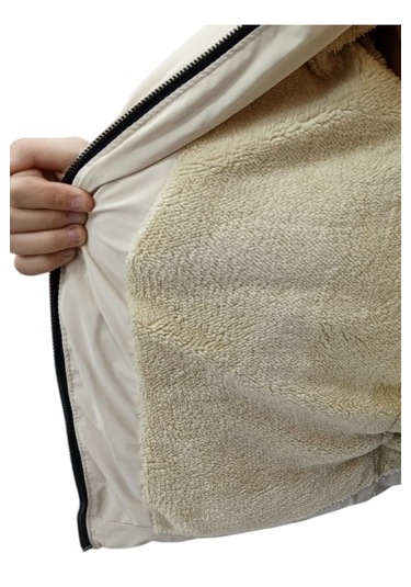 Kız Çocuk /Erkek Çocuk Fermuar Cepli Kapüşonu Çıkabilen İçi Peluş Astarlı Bej Renk Mont