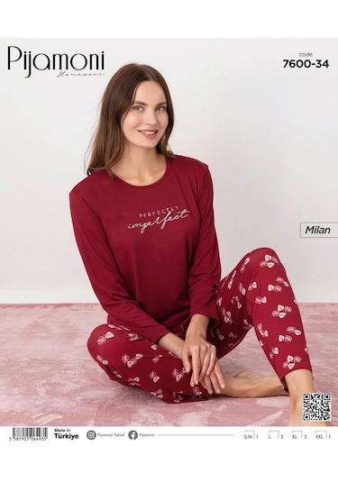 Pijamoni Kadın Milan Bisiklet Yaka Uzun Kol İnce Pijama Takımı 7600/34 - 1 Adet Kırmızı