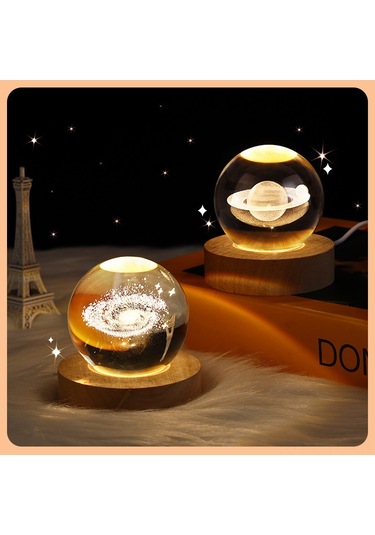 Yifomall Ev Dekorasyonu Usb Işıklı Ay Galaksi Kristal Topu, Ahşap Işıklı Tabanlı, Masaüstü Süs, Öğrenci Hediyesi, 6cm Güneş Sistemi Diğer