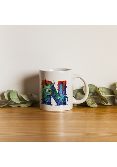 N Harfi Bardak, Sevimli Canavarlar Harflı Bardak Hediyesi Porselen Beyaz