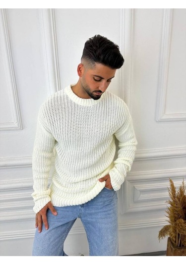 Kazak Oversize Çift Kat Zincir Örgü Naturel Pamuk Bol Kesim Tüylenmez Triko Kazak Beyaz