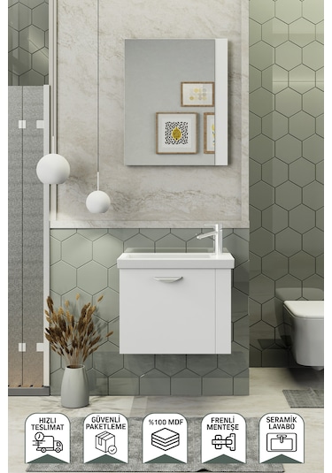 Biani Maxila 60 cm Banyo Dolabı,Seramik Lavabolu, Aynalı,Lavabo Dahil,Mdf,Beyaz Biani Maxila 60 cm Banyo Dolabı,Seramik Lavabolu, Aynalı,Lavabo Dahil,Mdf,Beyaz