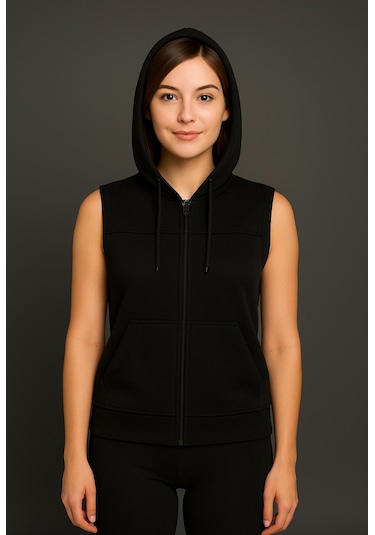 Axxel Kadın Siyah Fermuarlı Kapüşonlu Kanguru Cepli Kolsuz Yelek-y1142-k Siyah