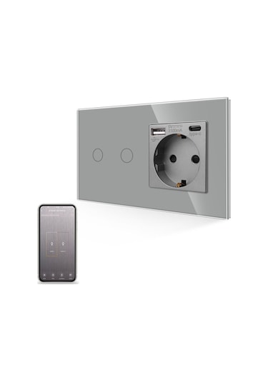 Novahub Gri Ab Wifi Akıllı Anahtar Usb Priz Fişli Duvar Güç Kristal Cam Panel 16a Tip-c Arayüz Soketi 157mm Fiş Topraklama Socket No Wıfı-wifi 2gang