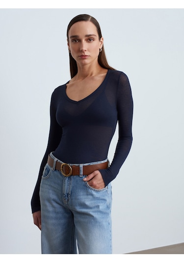 Dilvin 32310 V Yaka Kaşmir Bluz-lacivert Lacivert