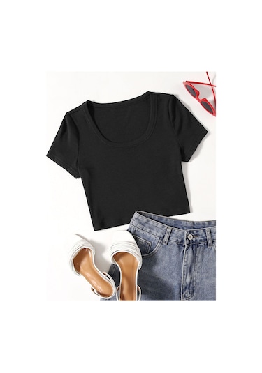 U Yaka Siyah Renk Fitilli Kısa Kollu Regular Crop Top Bluz Siyah