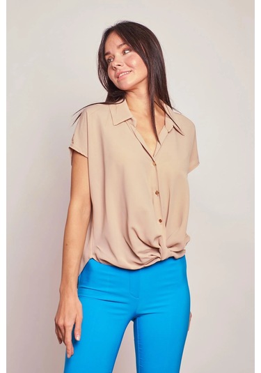 Likrasız Şık Kumaş Yakalı Düşük Omuzlu Önü Pileli Gömlek-Kum Beji Kum Beji