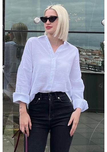 Madmext Beyaz Muslin Kumaş Basic Kadın Gömlek Mg1660-beyaz Beyaz