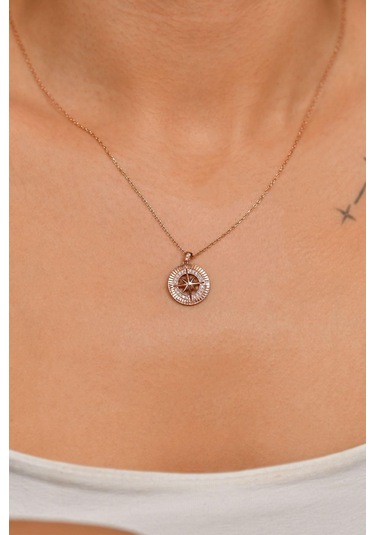 Zirkon Taşlı Rose Pusula Gümüş Kolye N10137