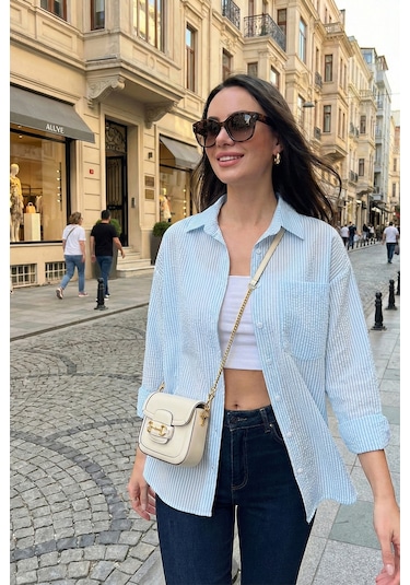 Lela Regular Fit Uzun Kollu Cepli Çizgili Bayan Gömlek 6772895 Bebe Mavi